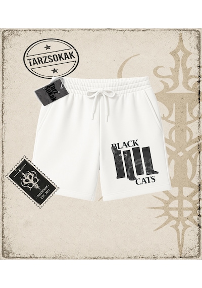 Tarzsokak Gotik & Grunge Streetwear Black Cats Unisex Şort Beyaz