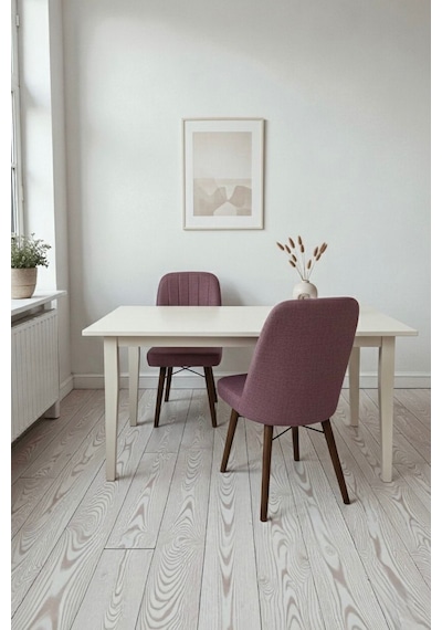 Nora 2 Adet Sandalye - Keten Kumaşlı Sandalye Modern Ahşap Ayaklı Yemek & Çalışma Sandalyesi Minimal Tasarım Pembe