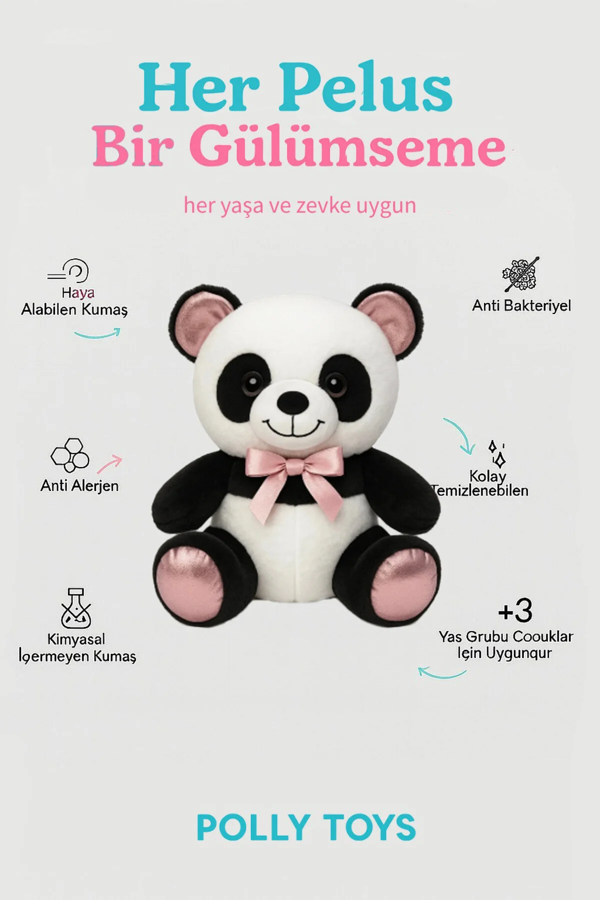 Panda Pembe Kurdeleli 50 Cm Sevimli & Yumuşak Oyuncak Siyah - Pembe