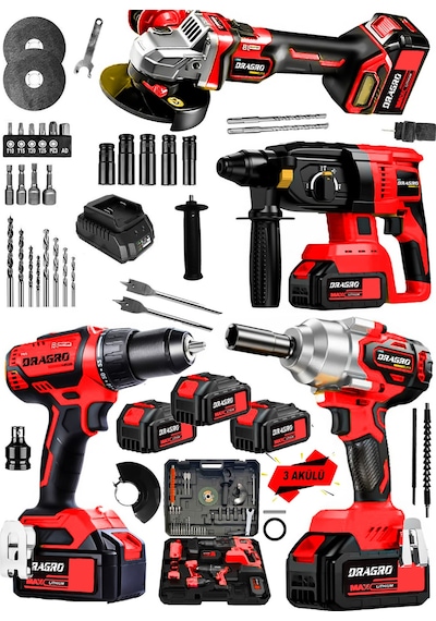 Dragro Alman DRG-999VF 20 AH 4'lü Set Akülü Şarjlı Vidalama + Somun Sökme + Taşlama + Kırıcı Delici Set K