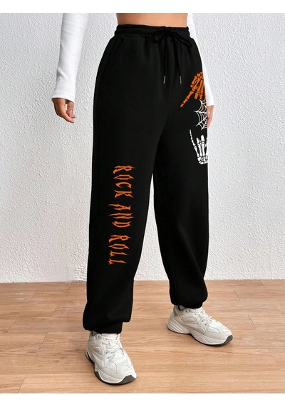 Halloween Skeleton Hand & Letter Graphic Drawstring Waist 4 Mevsim Eşofman Siyah