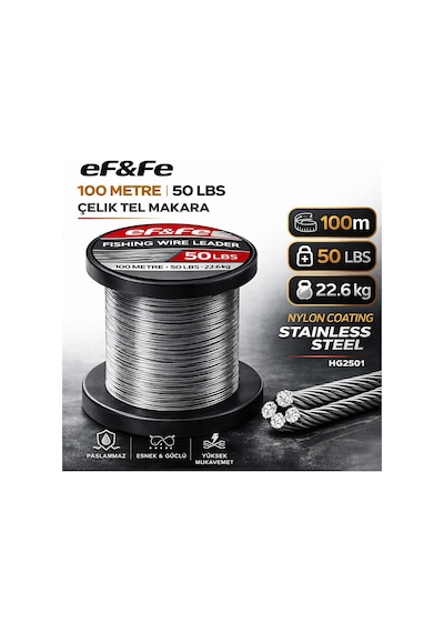 Effe Hg2501 Çelik Tel Makara 100m 50lbs 22.6kg Nylon Coating Stainless Steel 50 Lbs
