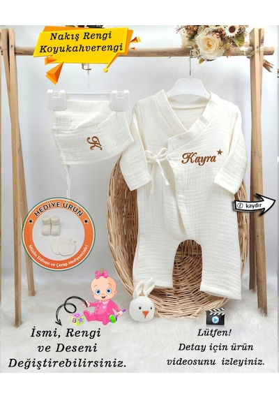 Gros Shop Müslin 2'li Kimono Bağcıklı Tulum %100 Pamuk Organik Kişiye Özg Kahverengi