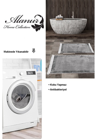 Dekoreko Kaymaz Taban Djt 2 Li Banyo Paspas Takımı Star Pamuk Saçaklı Modern 1921 gri