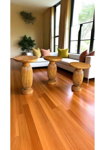 Doğal Ahşap Mantar Sehpa Takımı 3 Lü Masif Tik Zigon Sehpa Seti - Wooden Side Table Tik Ağacı