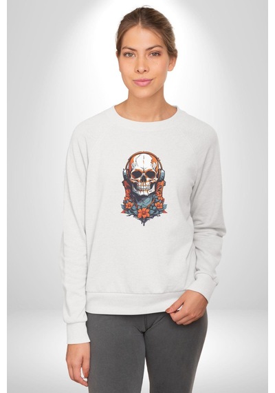 Müzik Kulaklık Takan Kurukafa Kırmızı Gül Unisex Beyaz Baskılı Sweatshirt Beyaz