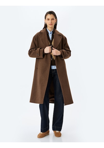 Koton Kruvaze Düğmeli Uzun Oversize Kaşe Kaban Kahverengi 5wak00385ew Kahverengi