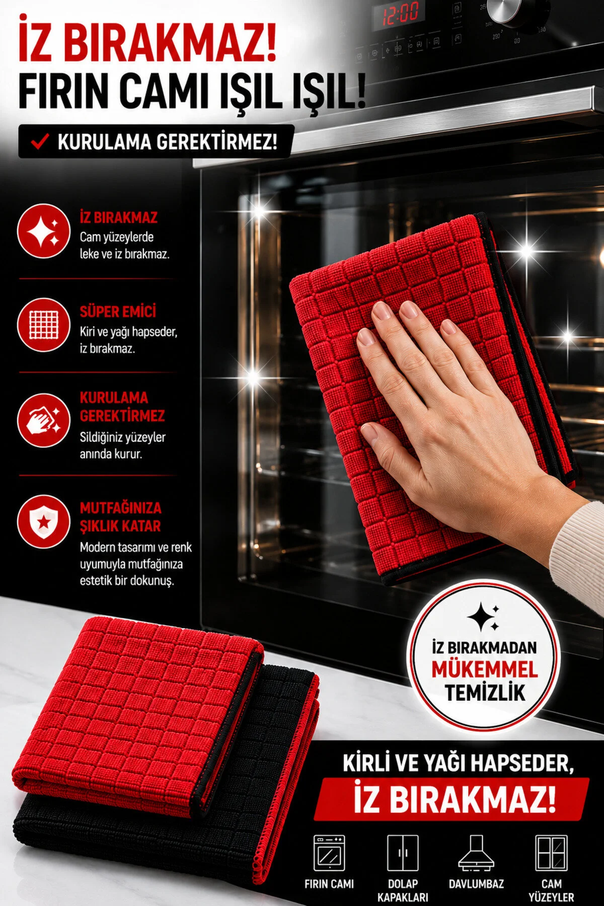 Premium Red & Black 2'li Kareli Mikrofiber Mutfak Bezi 40x40 Cm Süper Emici Koku Yapmaz Iz Ve Tüy Bırakmaz Kırmızı- Siyah