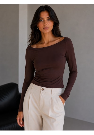 Sortie Collection Geniş Kayık Yaka Uzun Kollu Slim Fit Bluz Kahverengi