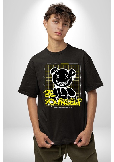 Kendin Ol Pamuklu Bisiklet Yaka Unisex Oversize Boyfriend Dijital Baskılı Siyah T-shirt Siyah