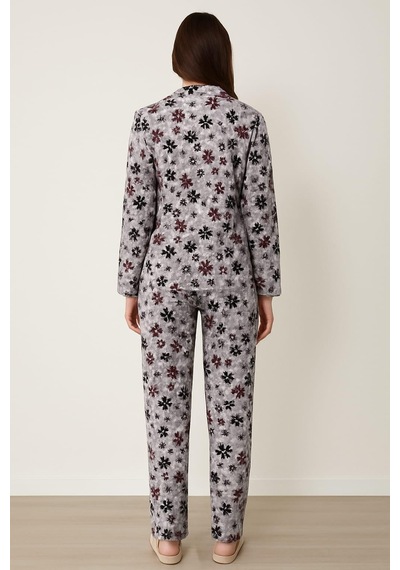 Pemilo Kadın 02269 Önü Düğmeli Süet Pijama Takımı Gri Gri