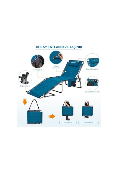 Kingcamp Bavaria Cozy Premium 5 Kademeli Katlanır Şezlong Blue Mavi