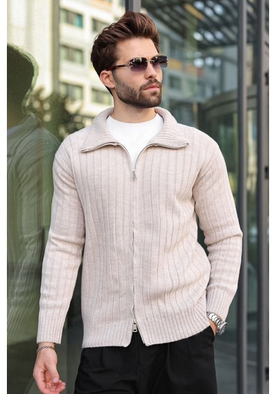Madmext Taş Rengi Çift Fermuarlı Slim Fit Çizgili Erkek Triko Hırka E7522