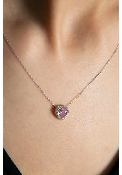 Swarovski Pembe Kalp Taşlı  S Model Gümüş Kolye