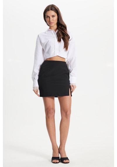 Tudors Kadın Slim Fit Dar Kesim Yırtmaç Detaylı Likralı Siyah Etek-50879