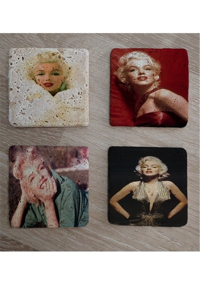 Marilyn Monroe Fotoğrafları Doğal Taş Bardak Altlığı 4'lü Set - Natural Stone Coasters - Taş Çok Renkli