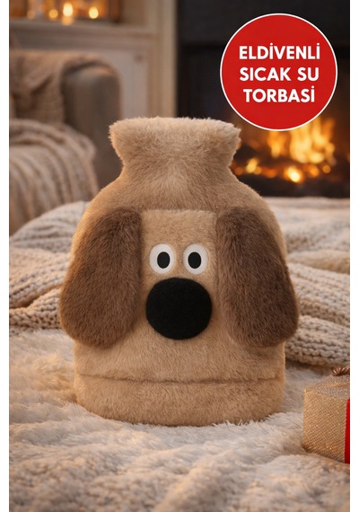 Kahverengi Gromit Figürlü Eldivenli Sıcak Su Torbası Peluş Kılıflı, Karın El Isıtıcı Renkli