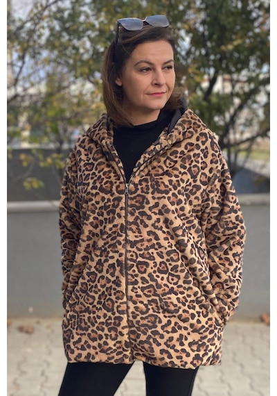 Mia Butik Büyük Beden Camel Leopar Deseli Ceket -1548 Camel