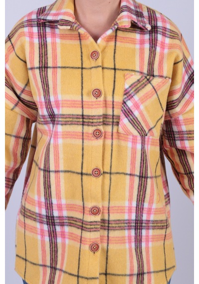 Armonika Kadın Sarı Oversize Ekoseli Kaşe Cepli Oduncu Gömlek Arm-26k001089