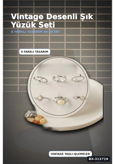 Pirinç 6 Parça Yüzük Seti - Vintage Gümüş Tonlu, 7-8 Numara, Kadın Bijuteri Aksesuar Bx-313719 Çok Renkli