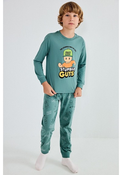 Defacto Stumble Guys Baskılı Bisiklet Yaka Uzun Kollu Üst Elastik Bel Alt 2li Pijama Takımı Erkek Çocuk H6693a826augn757 Yeşil-gn757