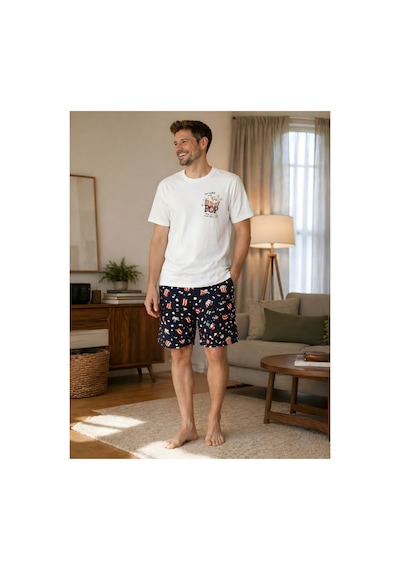 Pijamask Erkek Popcorn Baskılı Şotlu Pijama Takım Beyaz