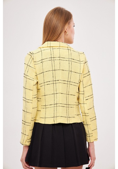 Armonika Kadın Sarı-siyah Kruvaze Yaka Tüvit Crop Ceket Arm-24k001014