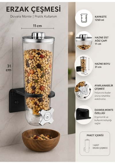 1250 Ml Duvara Monte Ayarlanabilir Erzak Çeşmesi Pratik Bakliyat Ve Kuruyemiş Dispenseri Şeffaf