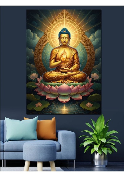 Ahşap Tablo Lotus Çiçeği Üzerinde Oturan Buda