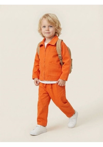 Zekids Erkek Çocuk Fermuarlı Ceket Ve Pantolon İkili Takım-17095 Turuncu