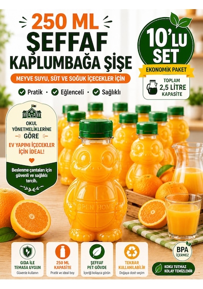 10'lu Set Şeffaf Kaplumbağa Şişe Yeşil Kapaklı Pet İçecek Şişesi Çocuk Beslenme Matarası 250 Ml