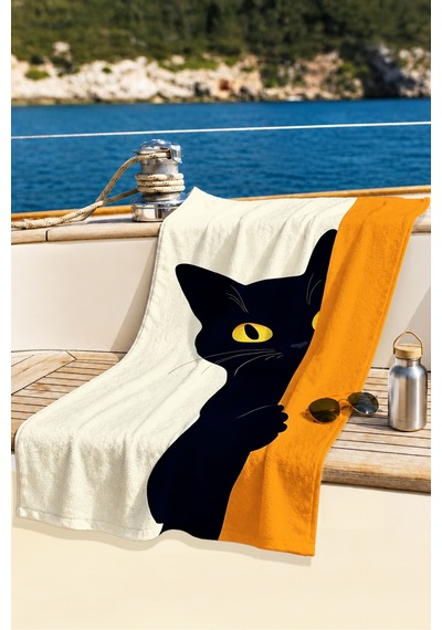 Kedi Figürlü Modern Plaj Havlusu-minimalist Siyah Turuncu Havuz Deniz Hızlı Kuruyan Mikrofiber Havlu Pastel Çiçeği
