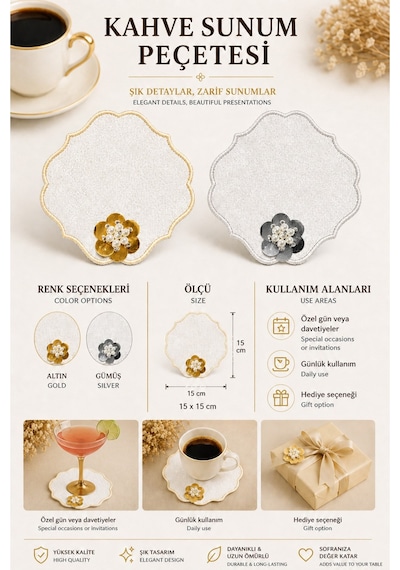 6'lı Set Gümüş Yansımalı Keten Kumaş Kahve Yanı Sunum Peçetesi Kokteyl Peçetesi Sunumluk Peçete Part