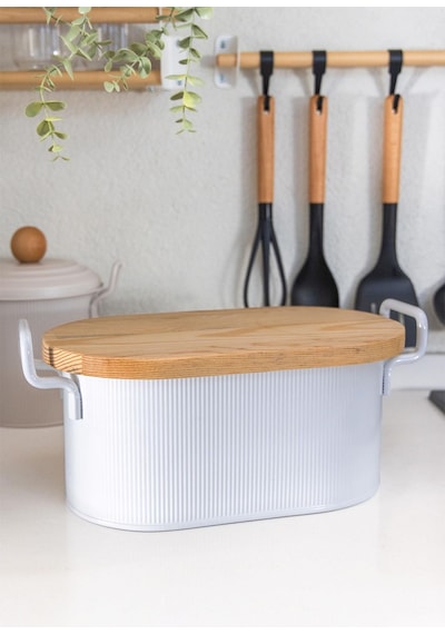 The Mia Stripe Ahşap Kapaklı Ekmek Saklama Kutusu Beyaz 40x22x18 Cm Beyaz