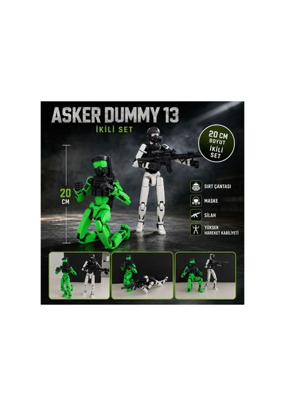 Dummy 13 Asker Figürü 20 Cm İkili Set Hareketli Eklemli Aksiyon Figürü, Silahlı, Maskeli Ve Sırt Çantalı