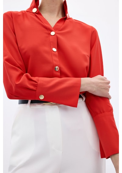 Sateen Çıt Çıt Detaylı Gömlek - Kırmızı-136558 Kırmızı