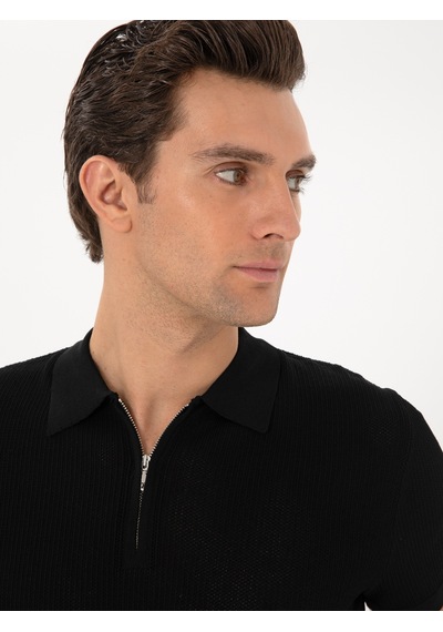 Siyah Slim Fit Fermuarlı Polo Yaka Triko T-shirt