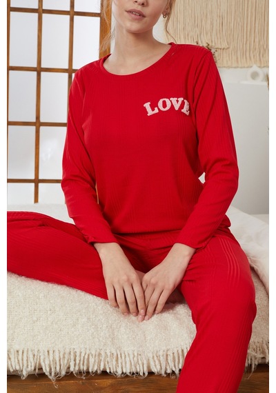 Siyah İnci Love Nakışlı Fitilli Örme Pijama Takım25226001 Kırmızı
