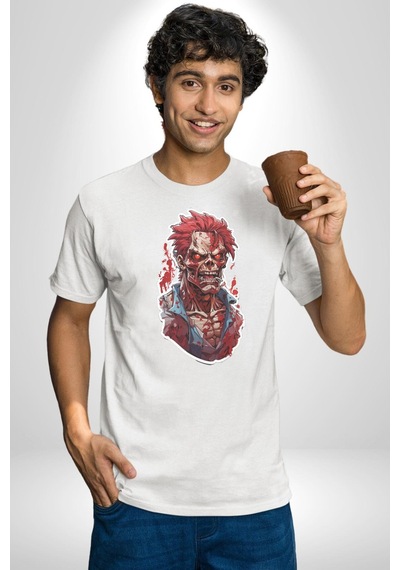 Zombi Kırmızı The Walking Dead Unisex Unisex Beyaz Organik Baskılı T-shirt Penye Yüksek Kalite Beyaz