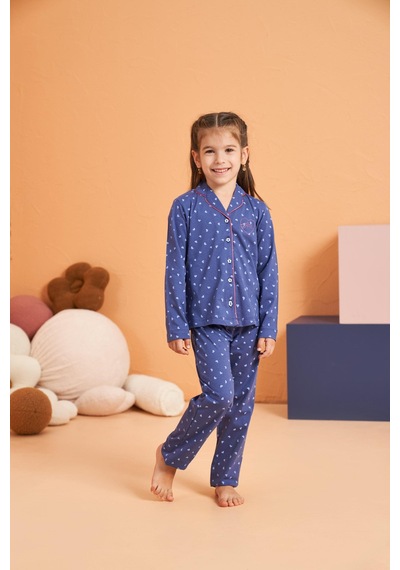 Pjs Kız Çocuk Kalpli Önden Düğmeli Gömlek Yaka Uzun Kollu Pijama Takım Mavı