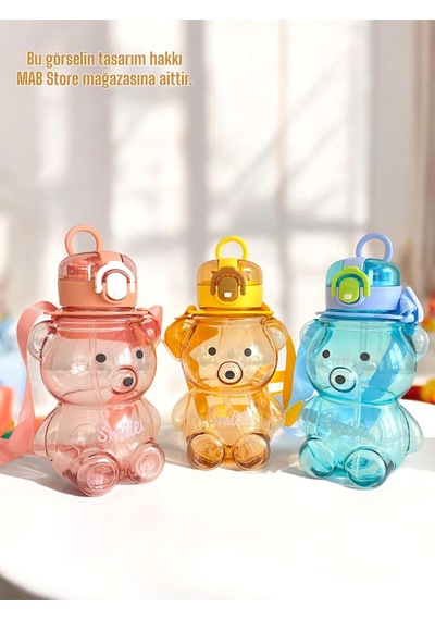 Sevimli Ayıcık Figürlü Su Matarası - Ayıcıklı Smile Şeffaf Suluk Okul Su Şişesi 700ml Pembe Plastik Diğer