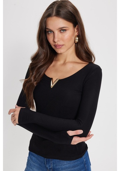 Tudors Kadın Slim Fit Dar Kesim Pamuklu Uzun Kollu V Yaka Siyah Tişört Bluz-50782
