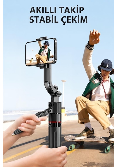 Tripod 360 Yüz Takipli Akıllı Gimbal Çok Amaçlı Kumandalı 1.76 Cm Selfie Çubuğu Tt07 Siyah