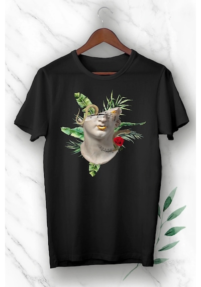 Unisex Beyaz Mitoloji Heykel Baskılı Tişört Siyah