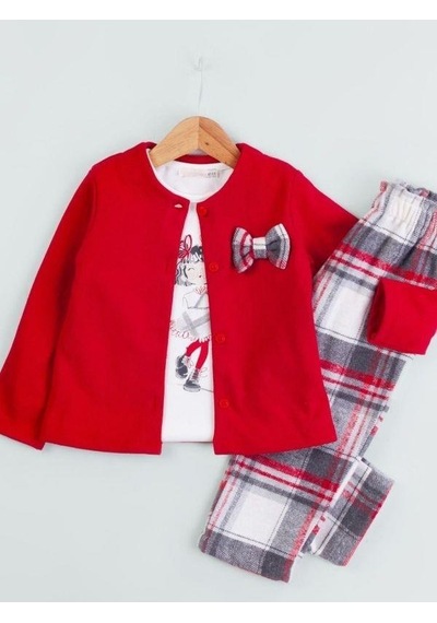 Baby Rose Kız Çocuk Triko Hırkalı Ekose Pantolonlu 3lü Takım-14927 Kırmızı