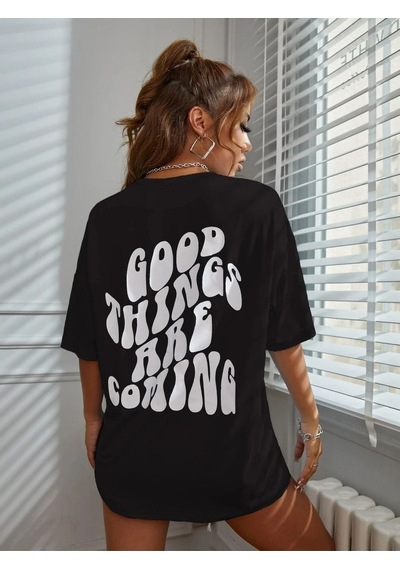 Good Things T-shirt - Siyah Baskılı Oversize Bisiklet Yaka Kısa Kol Tişört Siyah