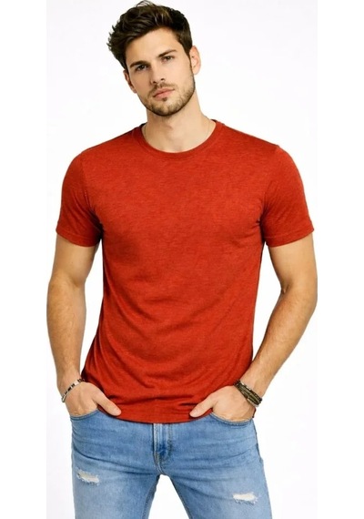 Defymoda Erkek Flam Kumaş Melanj Dokulu Regular Fit Tişört Bisiklet Yaka Yazlık T-shirt - Kiremit