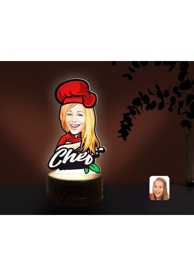 Kişiye Özel Kadın Chef Karikatürlü Dekoratif 3D Biblo Led Işıklı (481501254)
