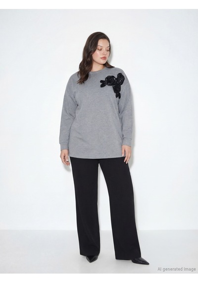 Lcwaıkıkı Classic Antrasit Çiçek Aplikeli Oversize Kadın Sweatshirt Tunik