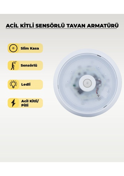 Acil Kitli Pilli Led Sensörlü Slim Tavan Armatürü 6500k Beyaz Işık Şarjlı Acil Aydınlatma